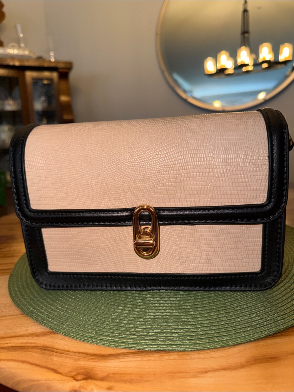 Two-Tone Beige and Black Crossbody Bag with Gold Hardware by Jules Kae
